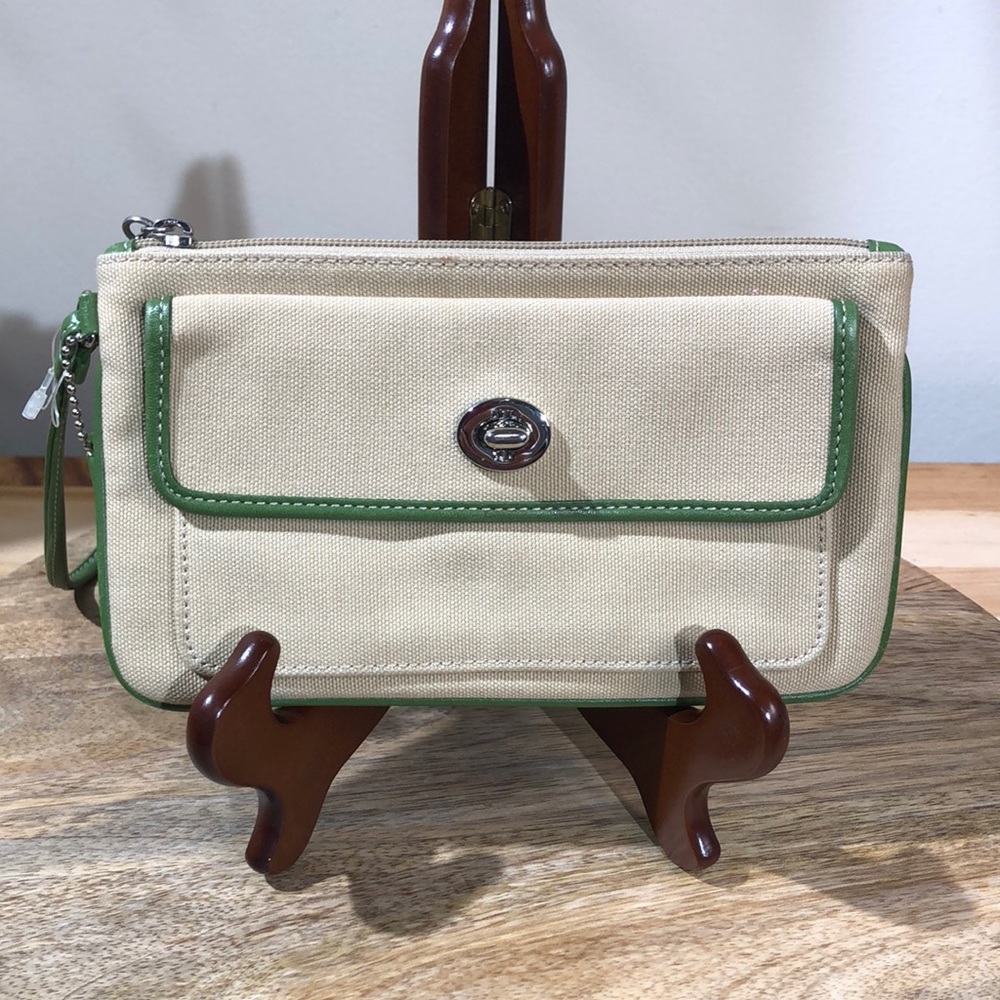 Coach Cream and Green Wristlet Clutch